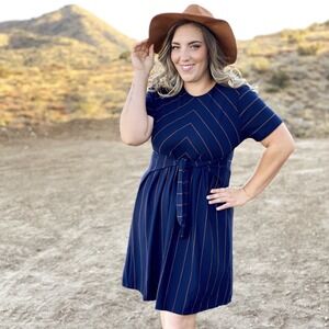 Ces Femme Navy/Brown Striped Short Sleeve Dress with Waist Tie Size L NWT